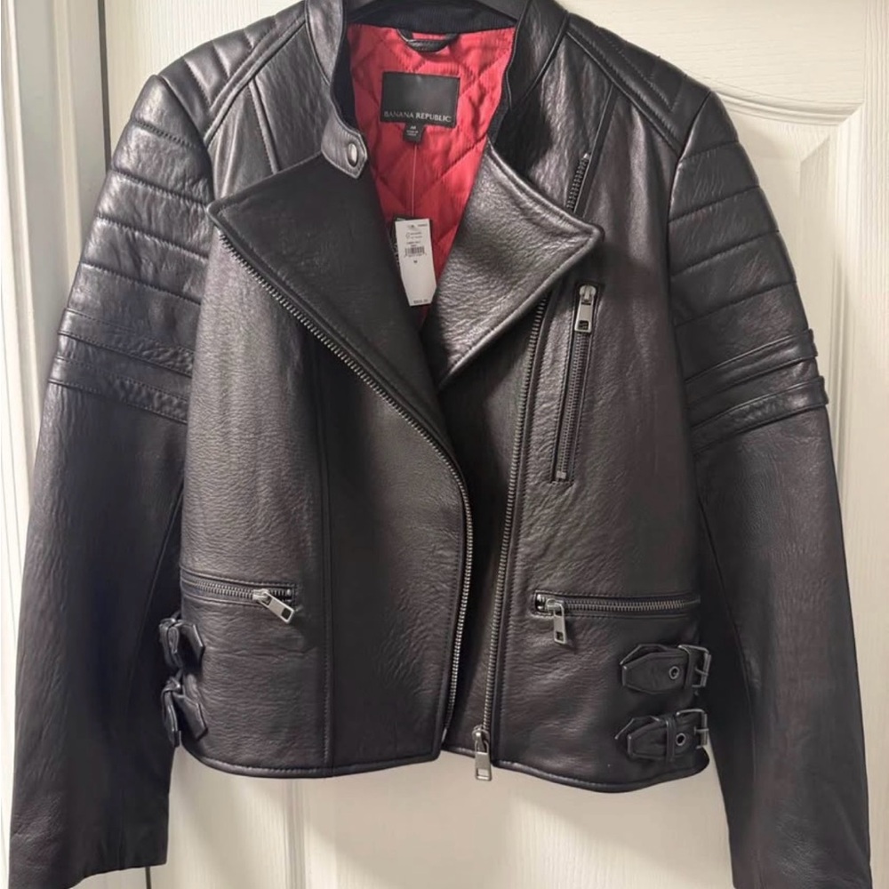 NWT BANANA REPUBLIC Leather Moto Jacket, Medium, Black Coat #746891